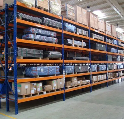 Industrial storage rack system loaded with palletised goods in a warehouse