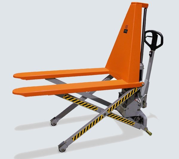 Scissor pallet truck raised to working height with the scissor mechanism extended