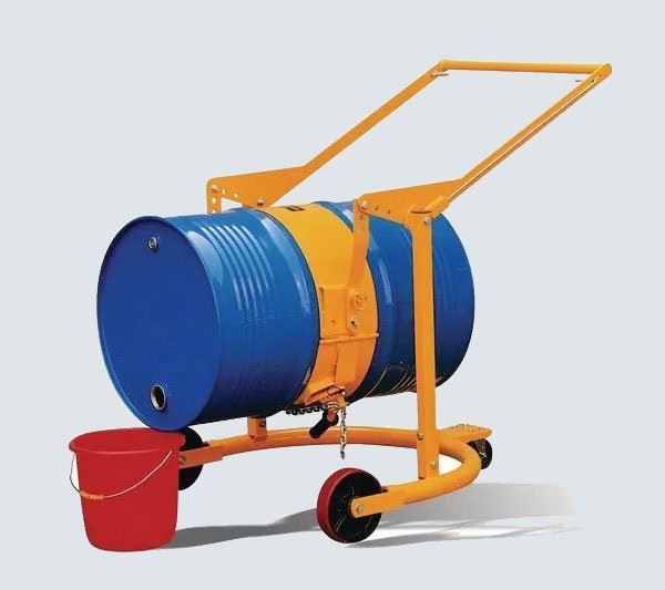 Drum carrier and tilter holding a drum at a pouring angle