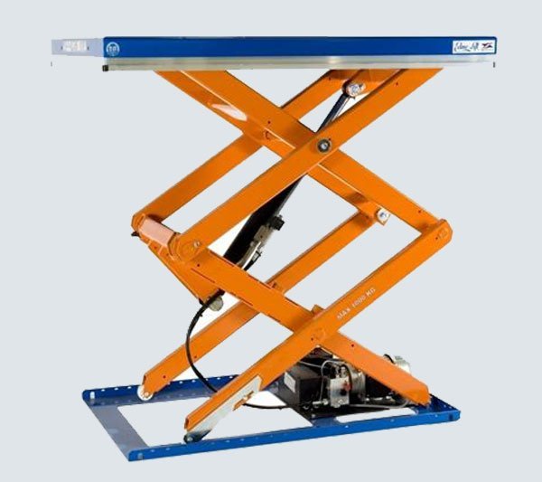Fixed pit-mounted scissor lift table with the platform raised