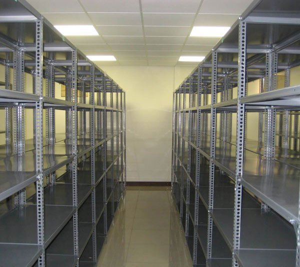 Slotted angle rack shelving assembled with perforated angle and bolts