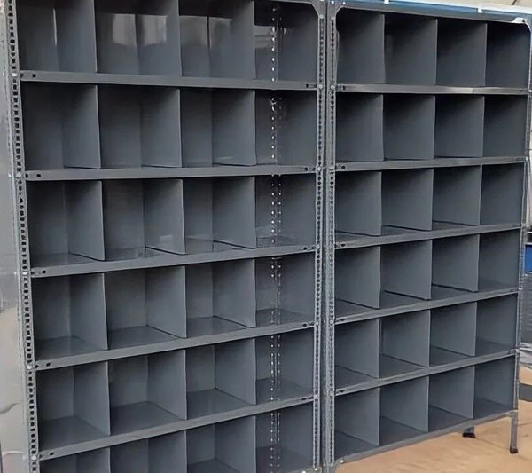 Pigeon hole rack with full-length dividers forming individual open-fronted compartments