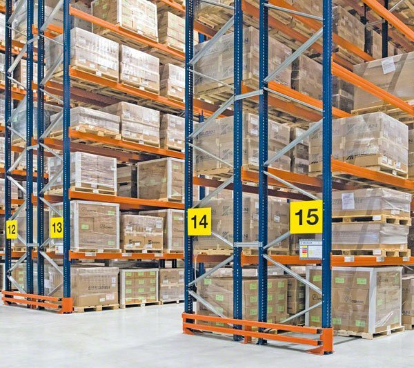 Heavy duty industrial storage rack carrying palletised loads