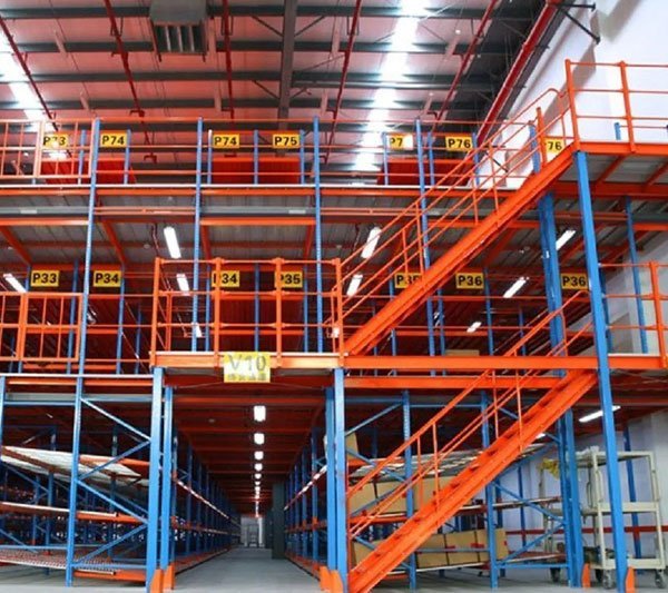 Multi tier racking system with walkways at two storage levels